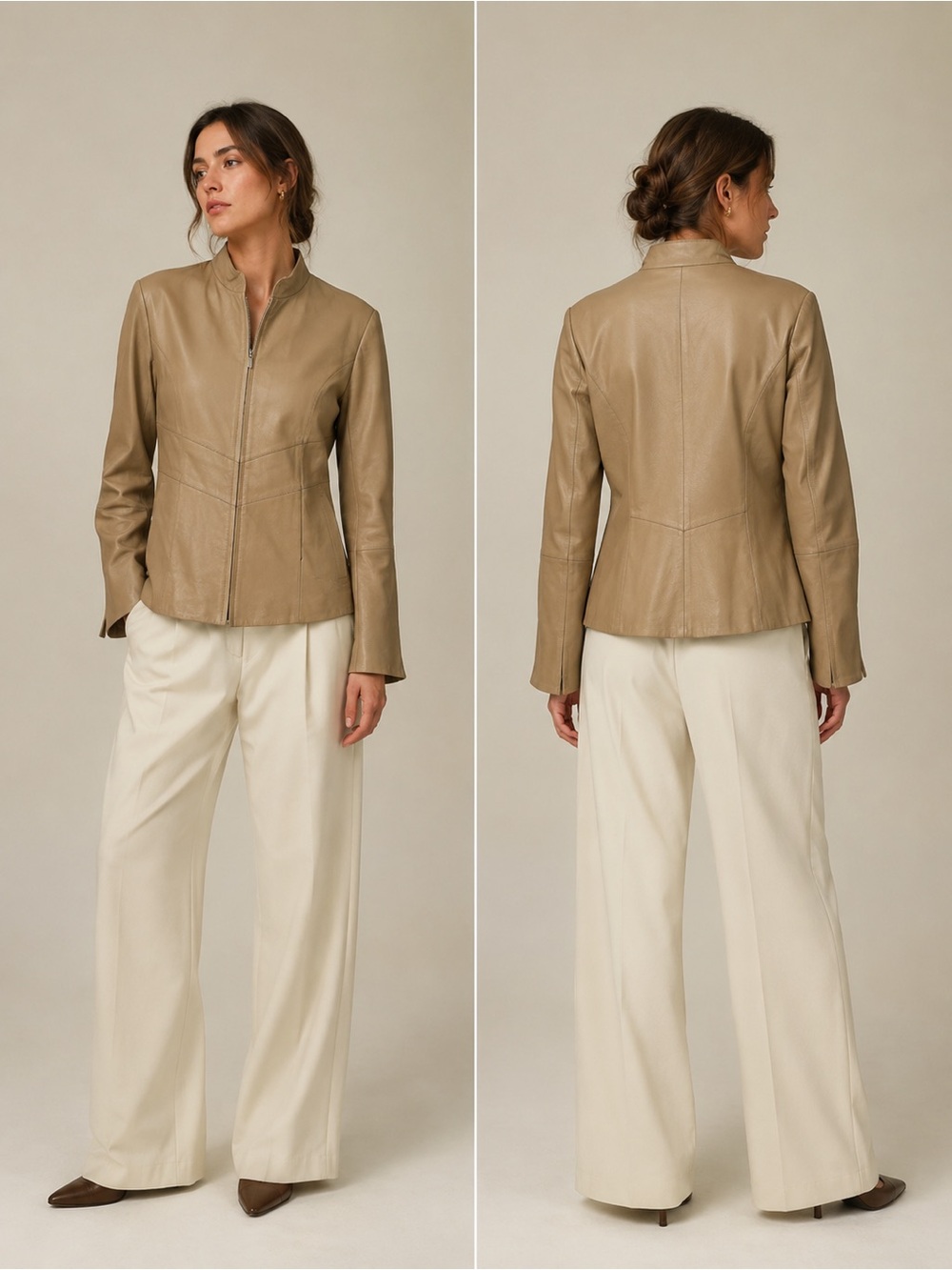 Pamela McCoy Tan Genuine Fitted  90’s Minimalist Old Money Leather Jacket Small